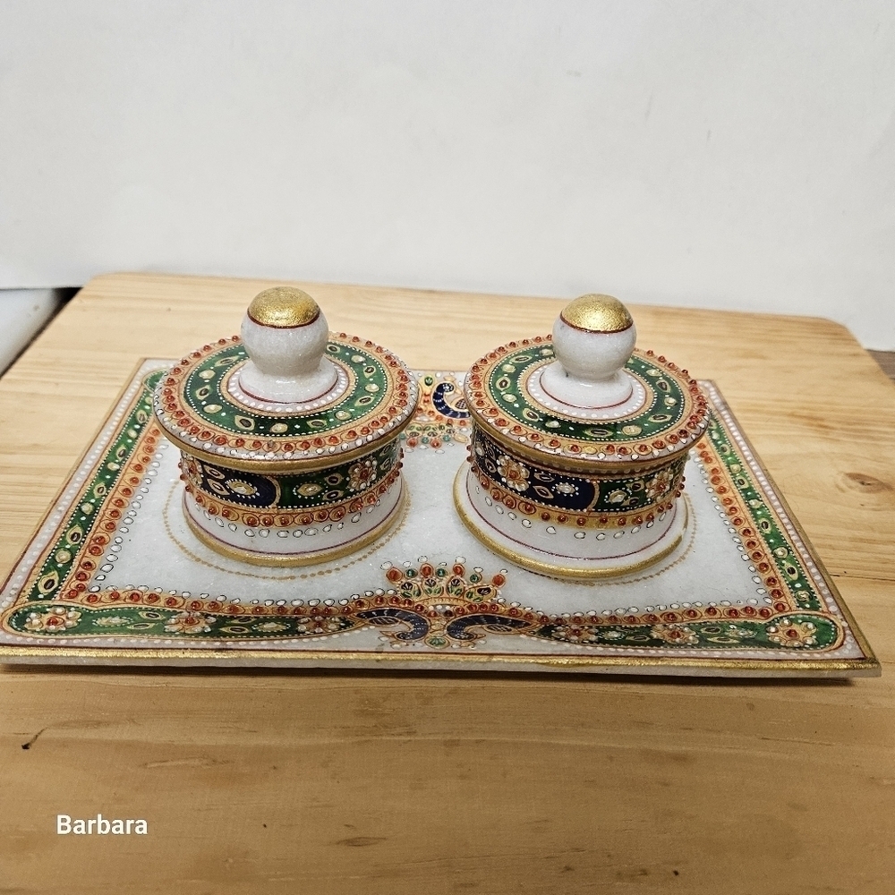 India Meets India White Marble Meenakari Art Form Tray & Container Set